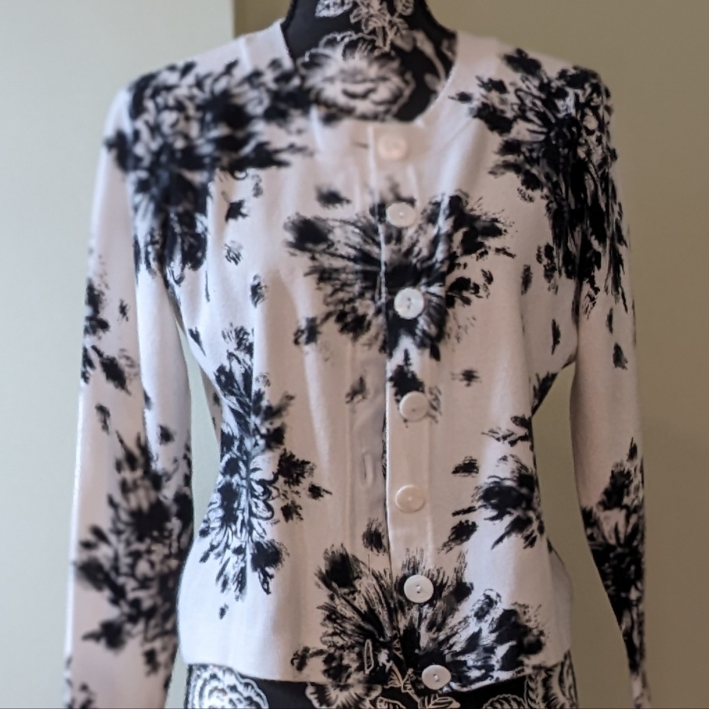 Talbots Petite Cardigan Black and White Floral Size SP